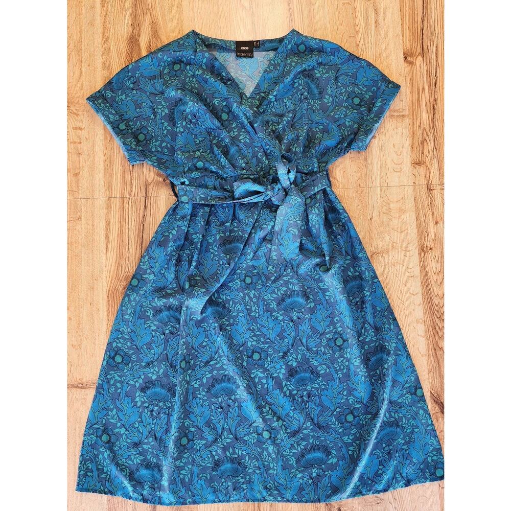 ASOS Maternity Floral Midi Dress Blue Green Short Sleeve Size 4‎ V-neck
